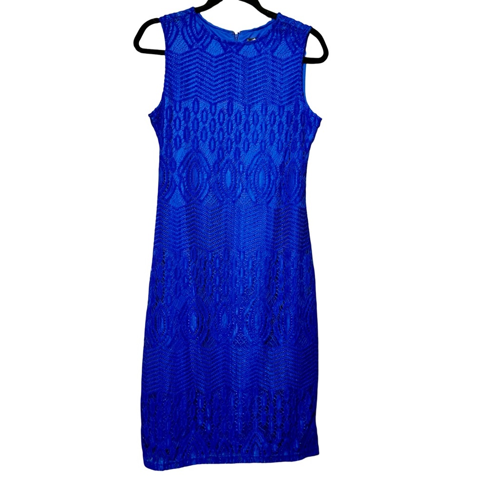 Sharagano Blue Lace Sleeveless Midi Length Round Neckline Dress size 4